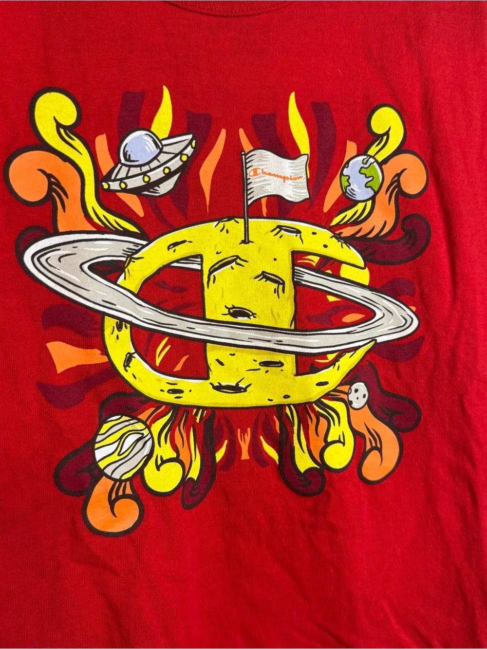 Champion Vintage Mens Red Spaceship Planetary Moon Saturn T-Shirt Size Medium - Picture 2 of 8